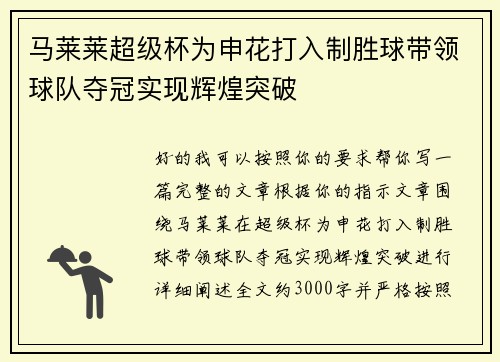 马莱莱超级杯为申花打入制胜球带领球队夺冠实现辉煌突破