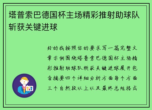 塔普索巴德国杯主场精彩推射助球队斩获关键进球
